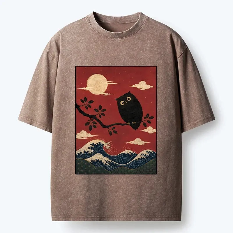 Kyoto-Lion Night Owl Red Moon Wave Graphic Washed T-Shirt