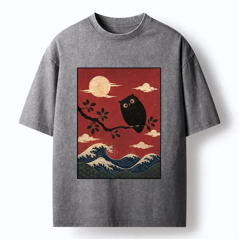 Kyoto-Lion Night Owl Red Moon Wave Graphic Washed T-Shirt