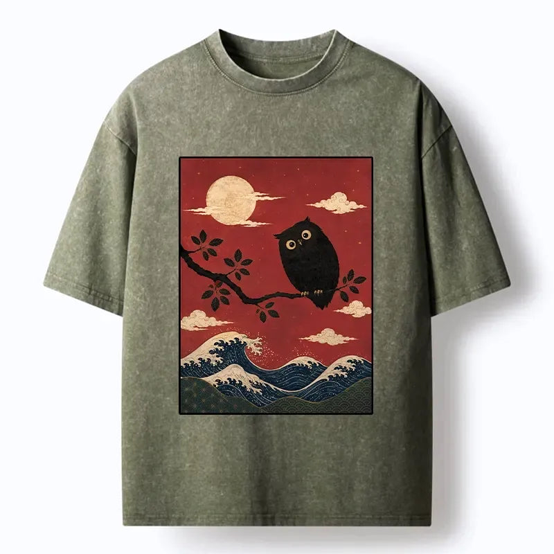 Kyoto-Lion Night Owl Red Moon Wave Graphic Washed T-Shirt