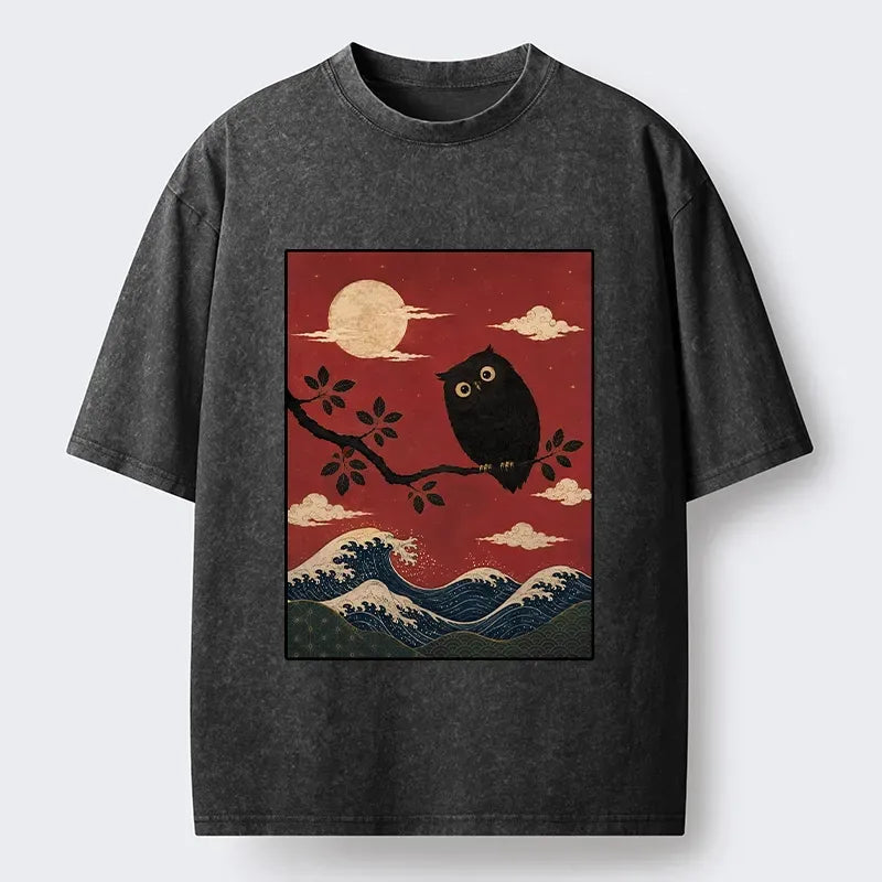 Kyoto-Lion Night Owl Red Moon Wave Graphic Washed T-Shirt