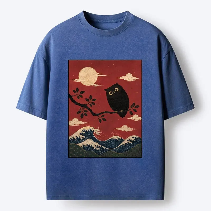 Kyoto-Lion Night Owl Red Moon Wave Graphic Washed T-Shirt