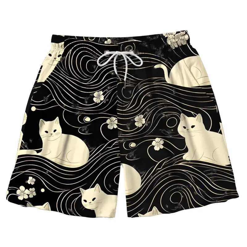 Retro Ukiyo-e Cat Swim Trunks for Summer