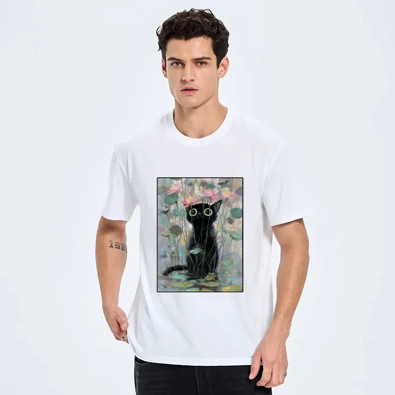 Japanese black cat lotus t-shirt