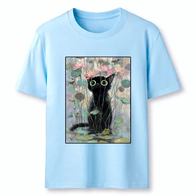 Japanese black cat lotus t-shirt