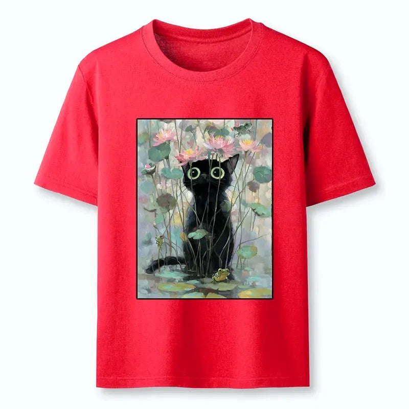 Japanese black cat lotus t-shirt