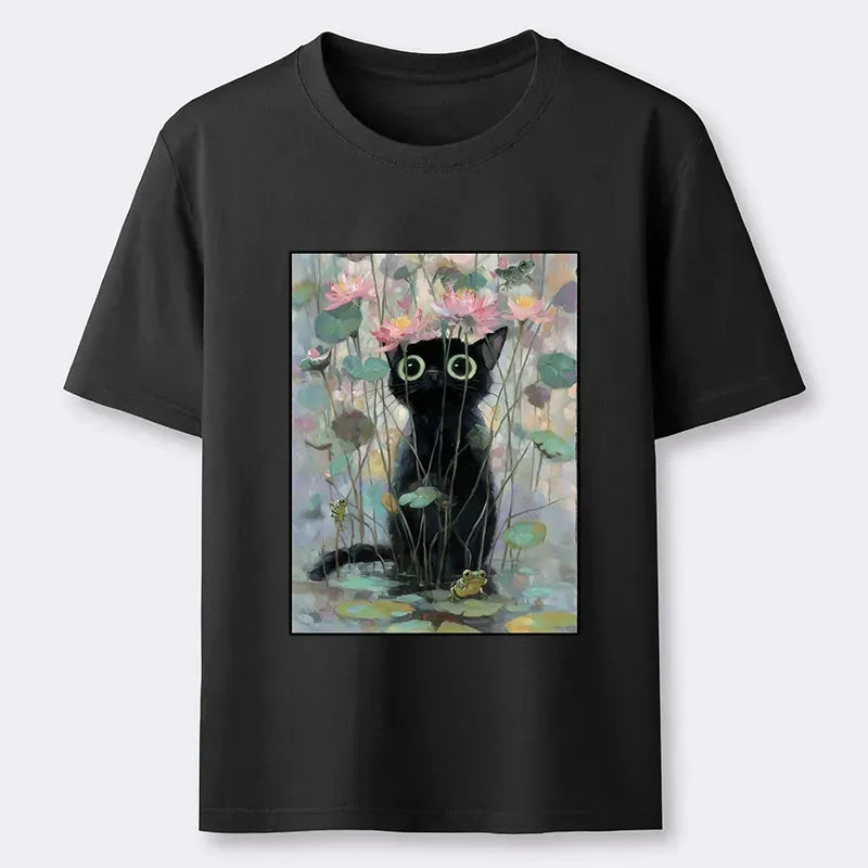 Japanese black cat lotus t-shirt