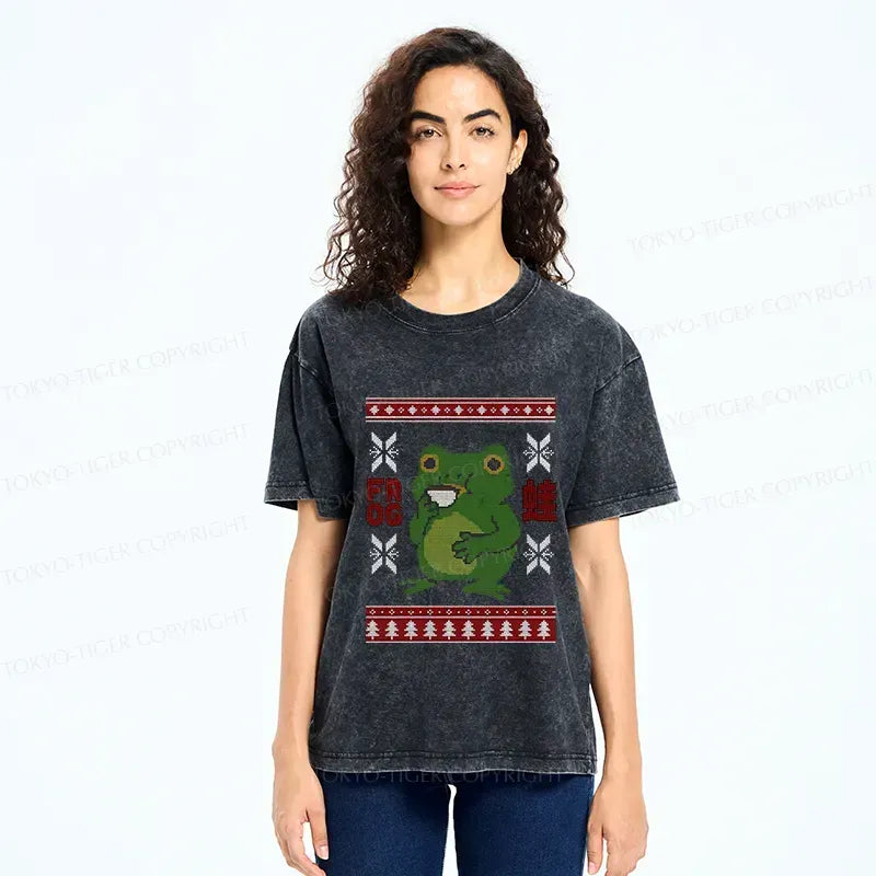 Kyoto-Lion Frog Drinking Coffee Washed T-Shirt