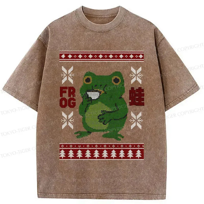 Kyoto-Lion Frog Drinking Coffee Washed T-Shirt
