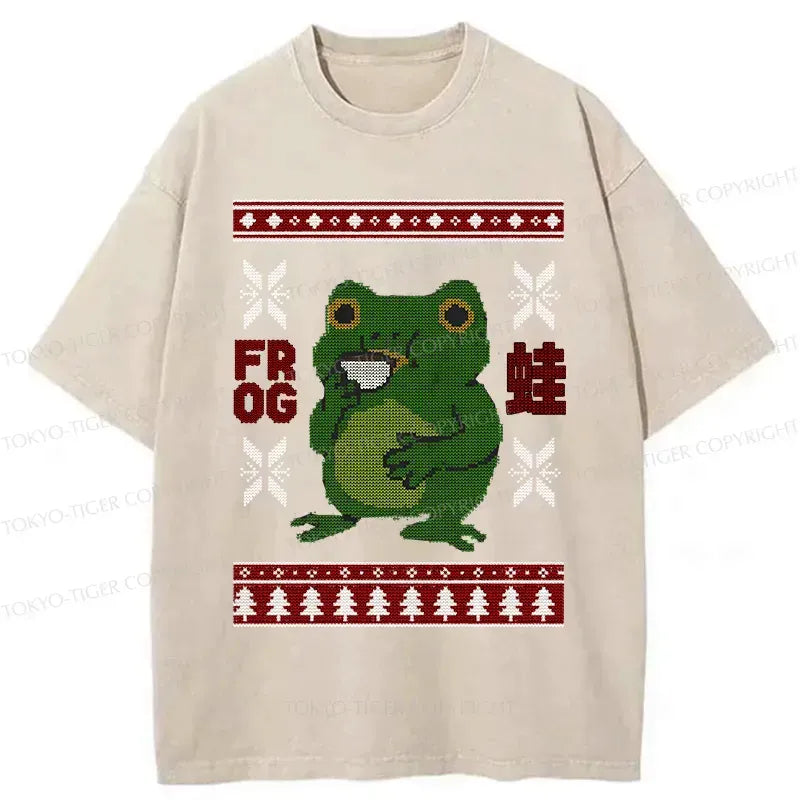 Kyoto-Lion Frog Drinking Coffee Washed T-Shirt