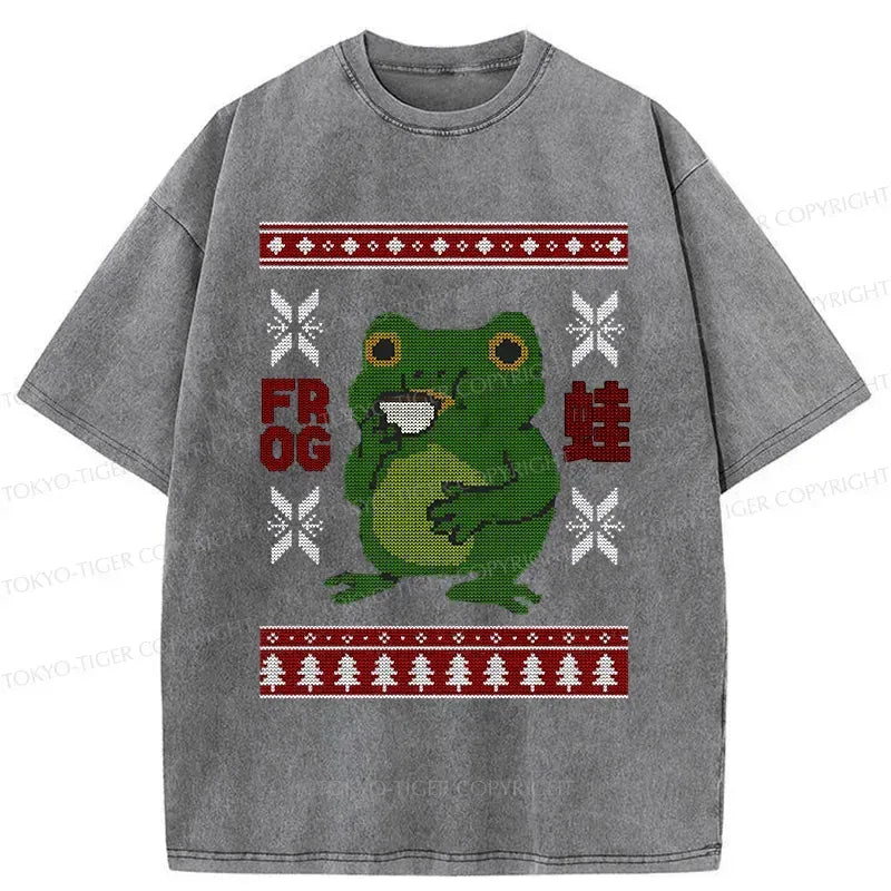 Kyoto-Lion Frog Drinking Coffee Washed T-Shirt