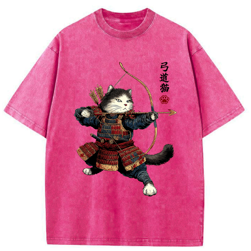 Kyoto-Lion Kyudo Samurai Cat Washed T-Shirt
