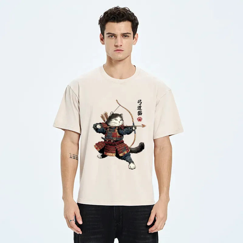 Samurai Cat Washed T-Shirt for Streetwear