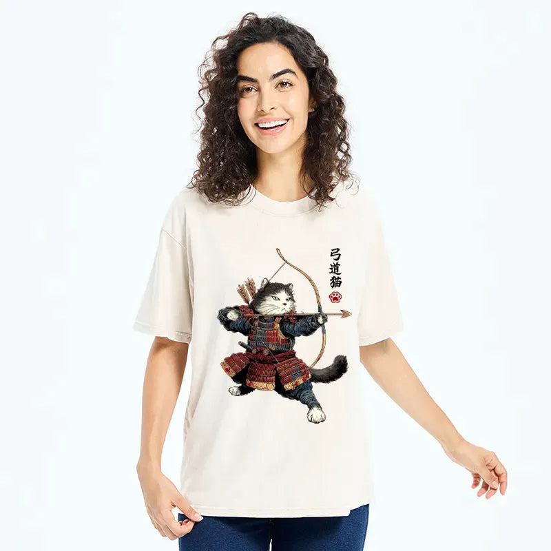 Kyoto-Lion Kyudo Samurai Cat Washed T-Shirt