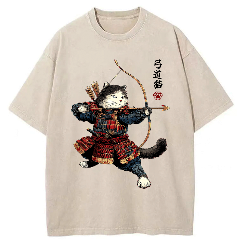 Kyoto-Lion Kyudo Samurai Cat Washed T-Shirt