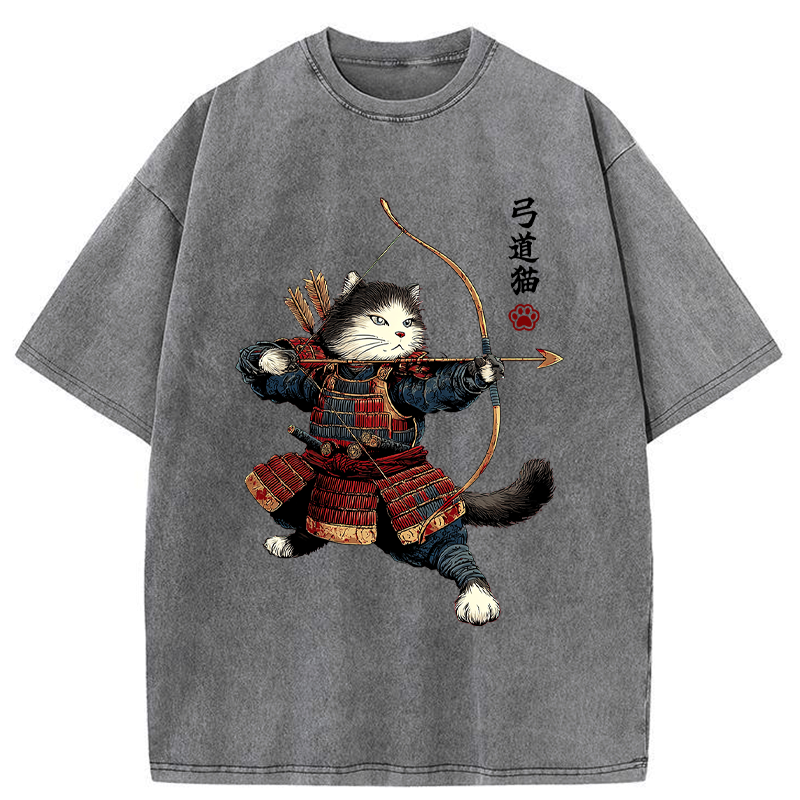 Kyoto-Lion Kyudo Samurai Cat Washed T-Shirt