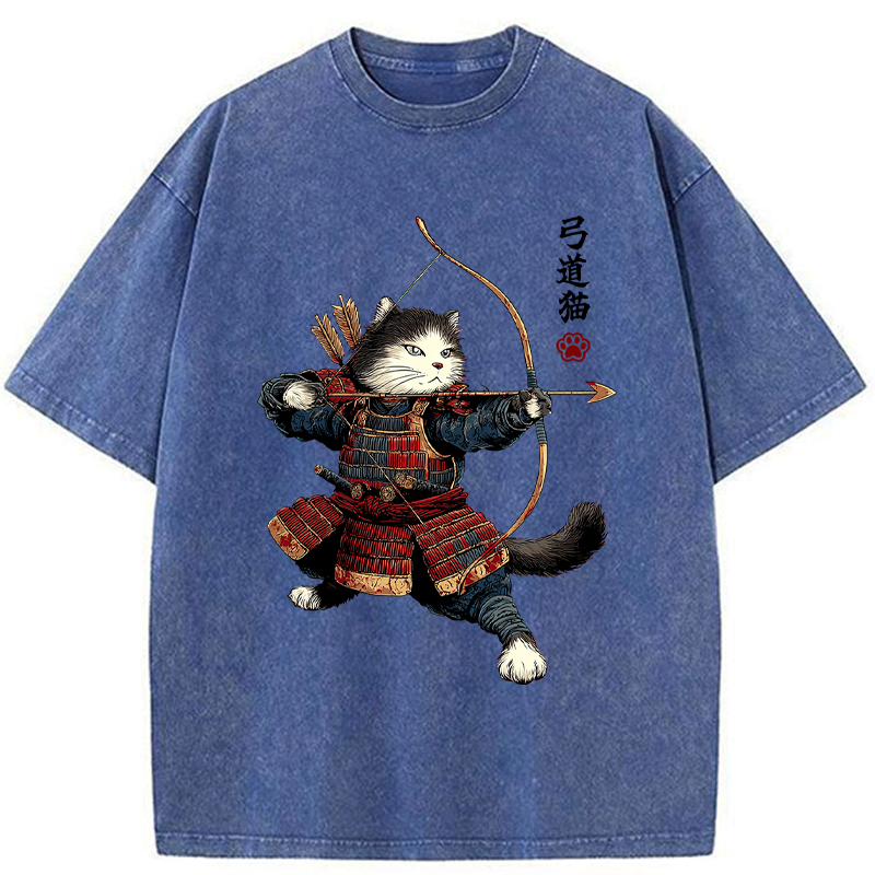 Samurai Cat Washed T-Shirt for Streetwear