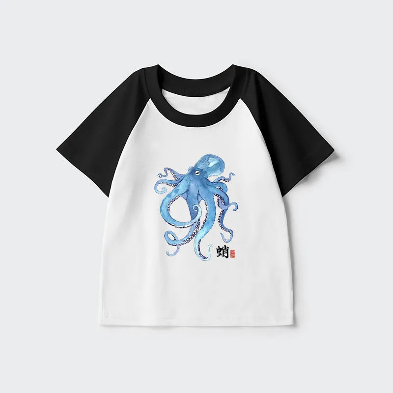 Kyoto-Lion Watercolor Blue Octopus Kids Raglan T-shirt