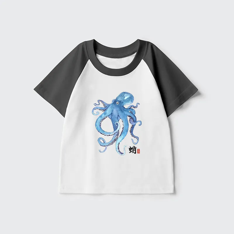 Kyoto-Lion Watercolor Blue Octopus Kids Raglan T-shirt