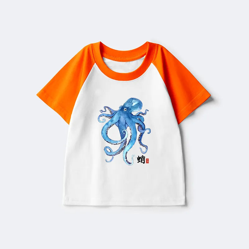 Kyoto-Lion Watercolor Blue Octopus Kids Raglan T-shirt