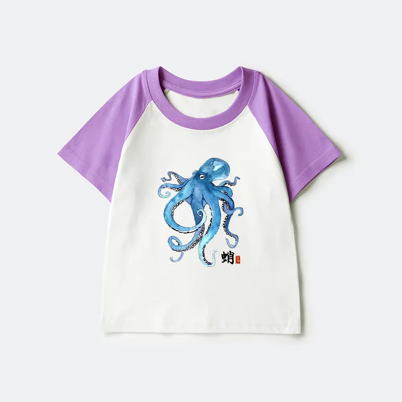 Kyoto-Lion Watercolor Blue Octopus Kids Raglan T-shirt