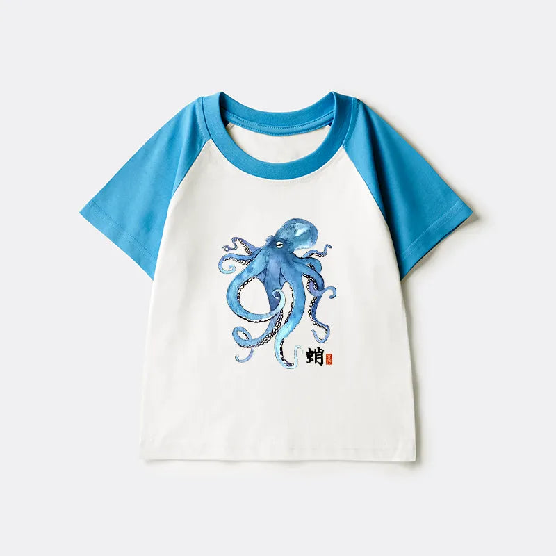 Kyoto-Lion Watercolor Blue Octopus Kids Raglan T-shirt