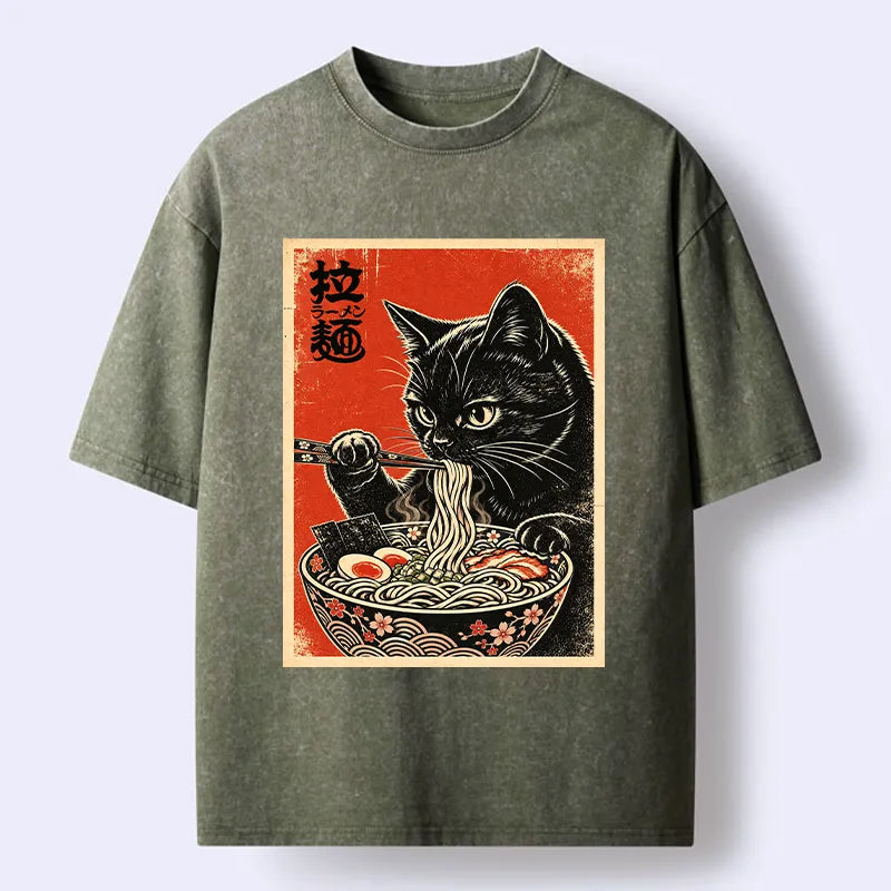 Kyoto-Lion Japanese Ramen Cat Art Washed T-Shirt