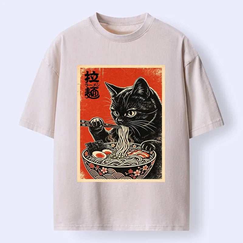 Kyoto-Lion Japanese Ramen Cat Art Washed T-Shirt