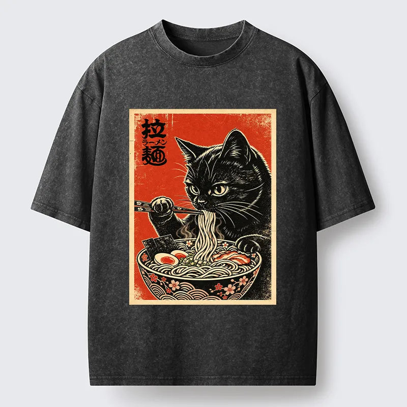 Kyoto-Lion Japanese Ramen Cat Art Washed T-Shirt