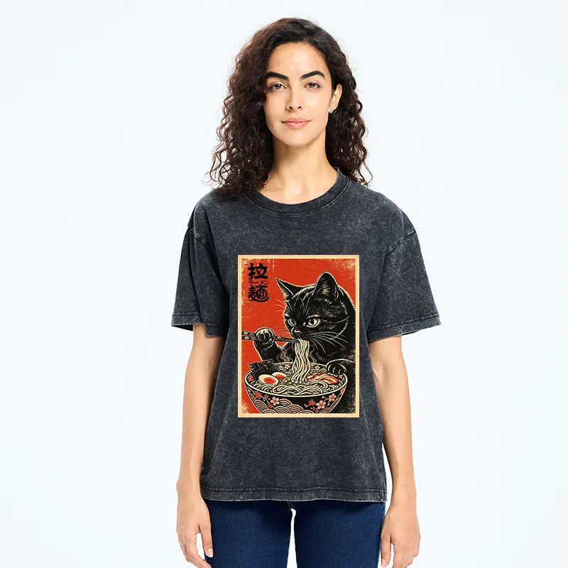 Kyoto-Lion Japanese Ramen Cat Art Washed T-Shirt