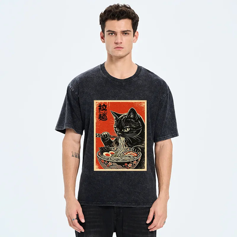 Kyoto-Lion Japanese Ramen Cat Art Washed T-Shirt