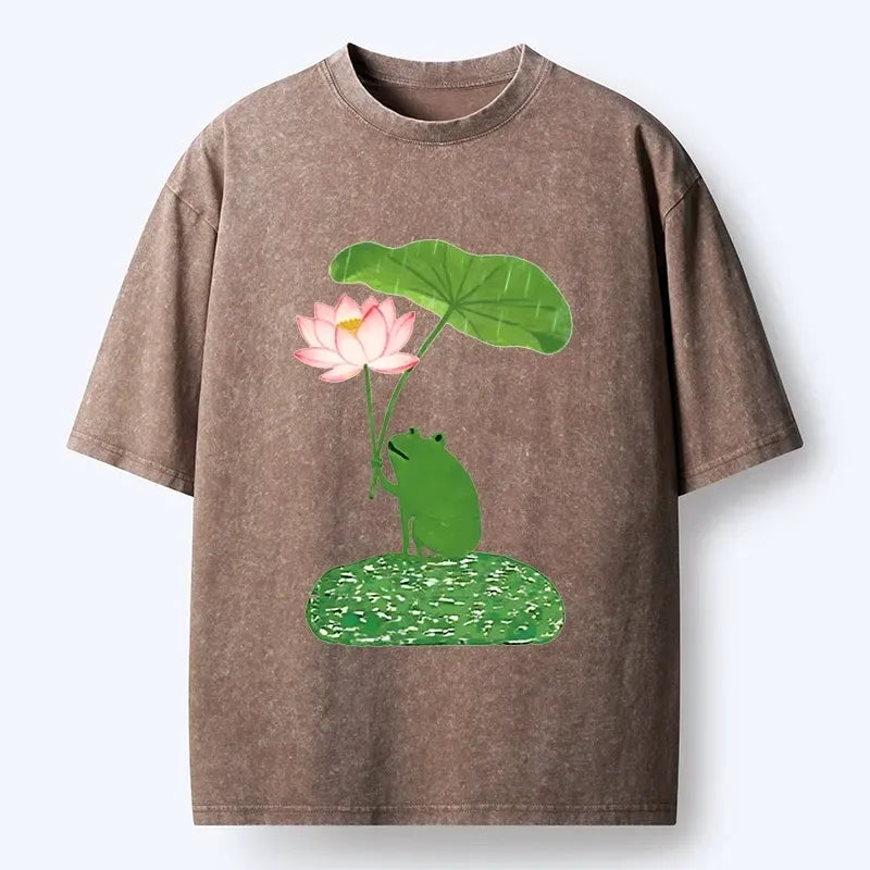 Kyoto-Lion Frog With Lotus Umbrella Meme Washed T-Shirt