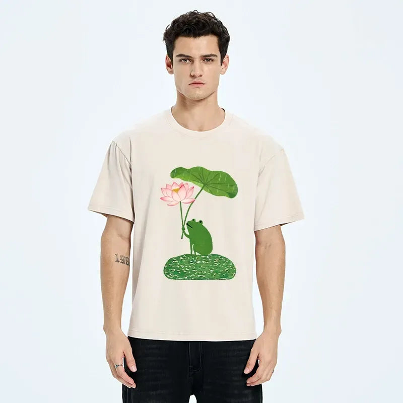 Kyoto-Lion Frog With Lotus Umbrella Meme Washed T-Shirt