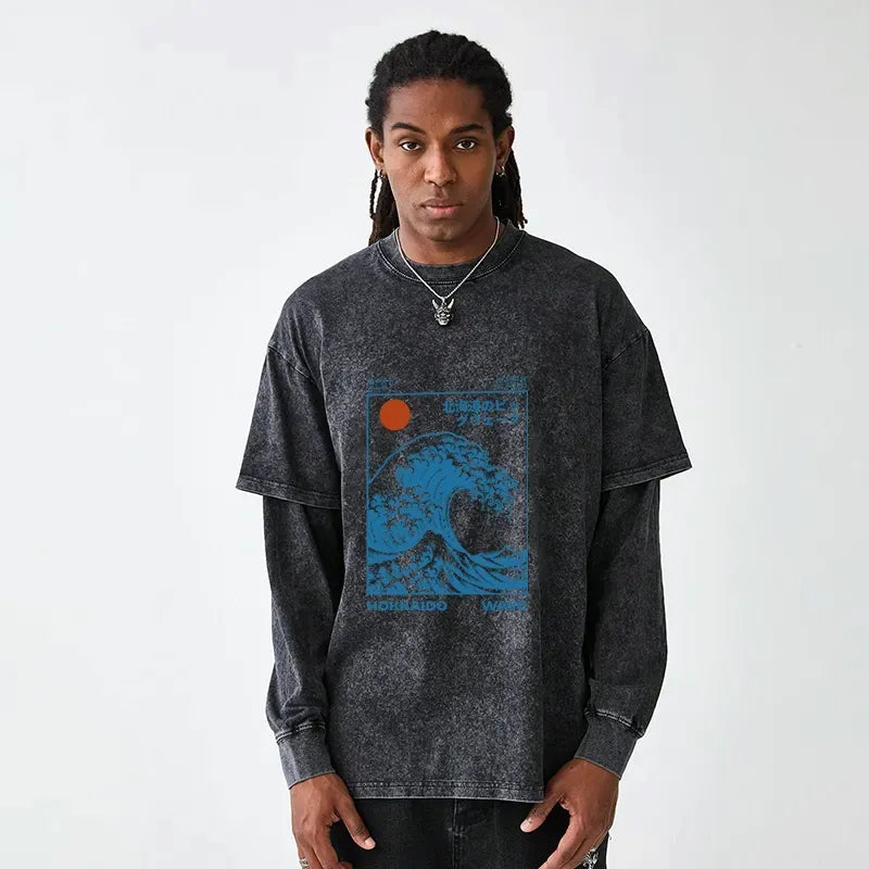 Kyoto-Lion Hokkaido Wave Japan Washed Double Layer T-Shirt