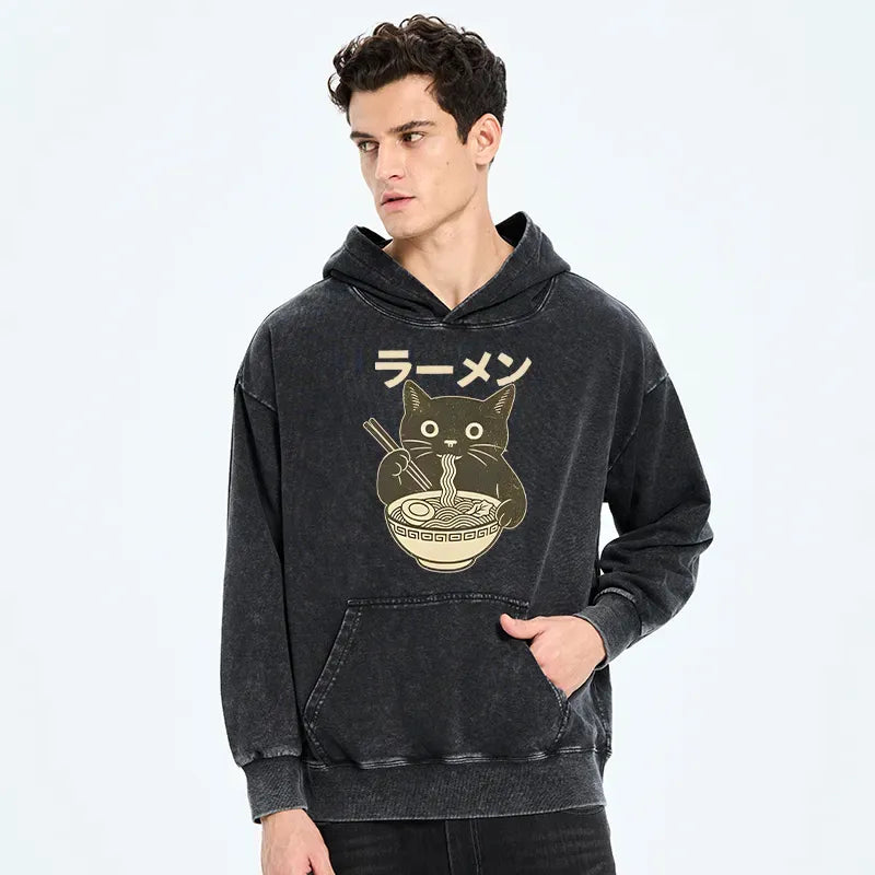 Washed Black Cat Ramen Hoodie Deal