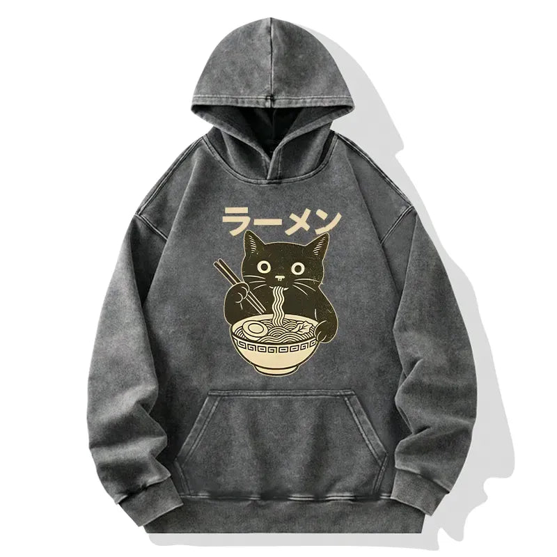 Kyoto-Lion Simple Black Cat Eating Ramen Washed Hoodie