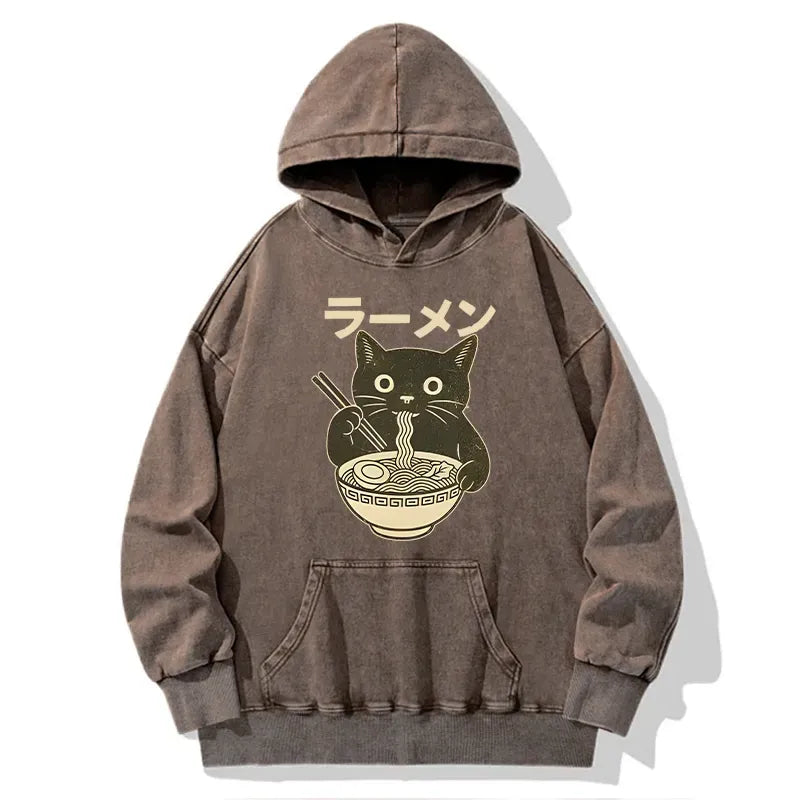 Kyoto-Lion Simple Black Cat Eating Ramen Washed Hoodie