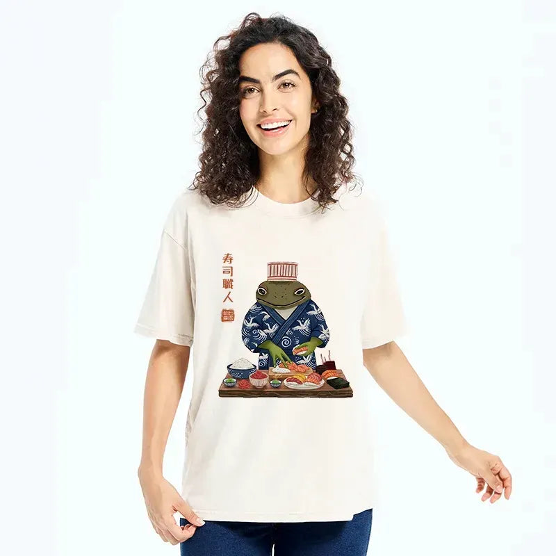 Kyoto-Lion Frog Sushi Chef Washed T-Shirt