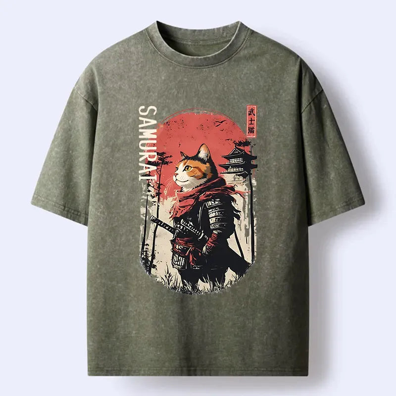 Kyoto-Lion Lonely Cat Japanese Samurai Washed T-Shirt