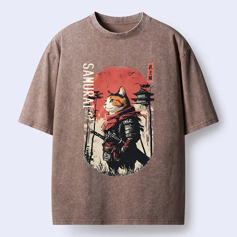 Kyoto-Lion Lonely Cat Japanese Samurai Washed T-Shirt