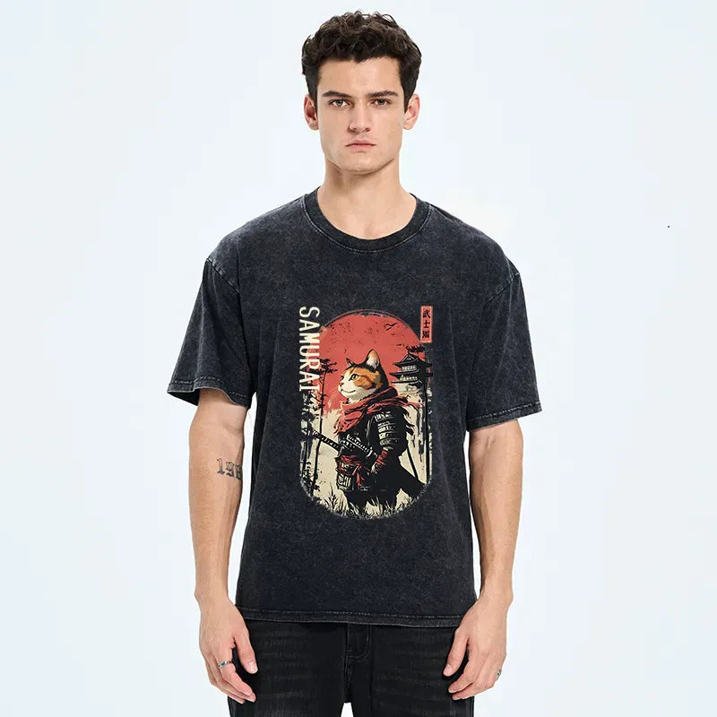 Kyoto-Lion Lonely Cat Japanese Samurai Washed T-Shirt