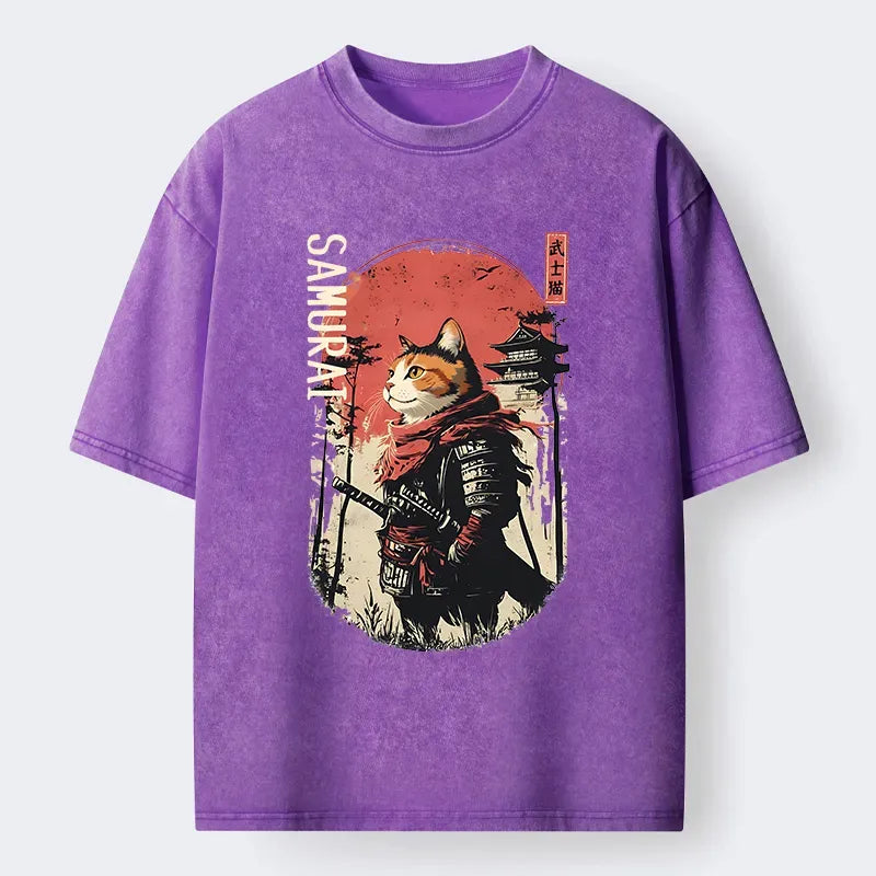 Japanese Samurai Cat Vintage Washed T-Shirt