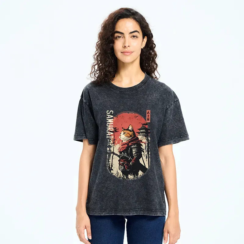 Japanese Samurai Cat Vintage Washed T-Shirt