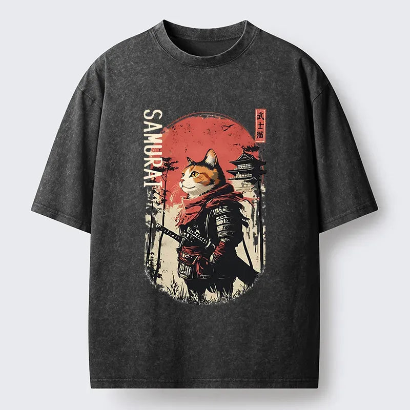 Kyoto-Lion Lonely Cat Japanese Samurai Washed T-Shirt