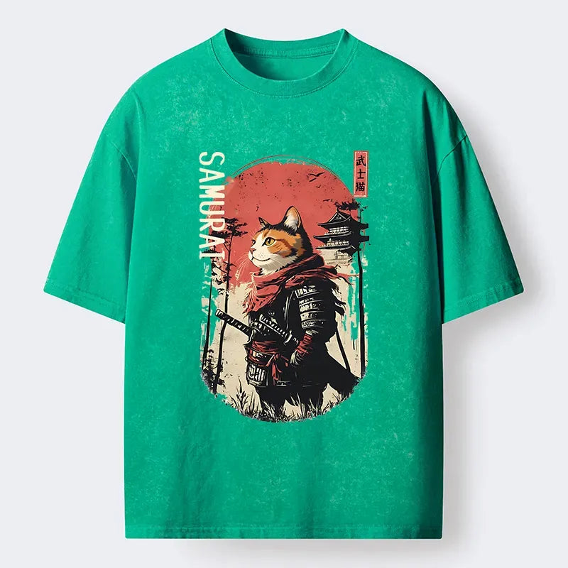 Japanese Samurai Cat Vintage Washed T-Shirt