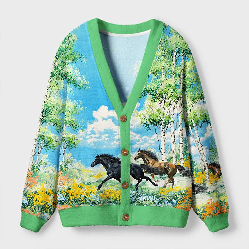 Kyoto-Lion Horses in Bloom Ugly Cardigan Sweater