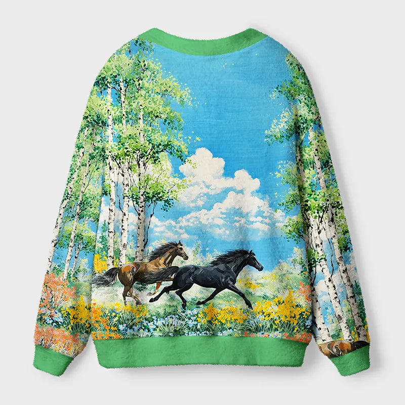 Kyoto-Lion Horses in Bloom Ugly Cardigan Sweater