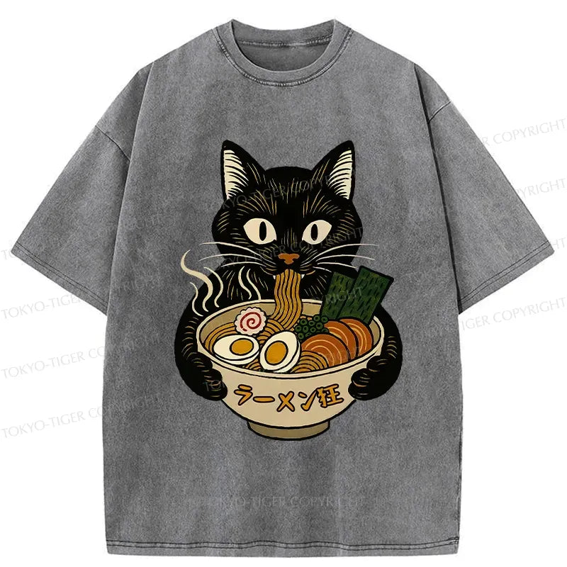 Kyoto-Lion Cat Ramen Fanatic Washed T-Shirt