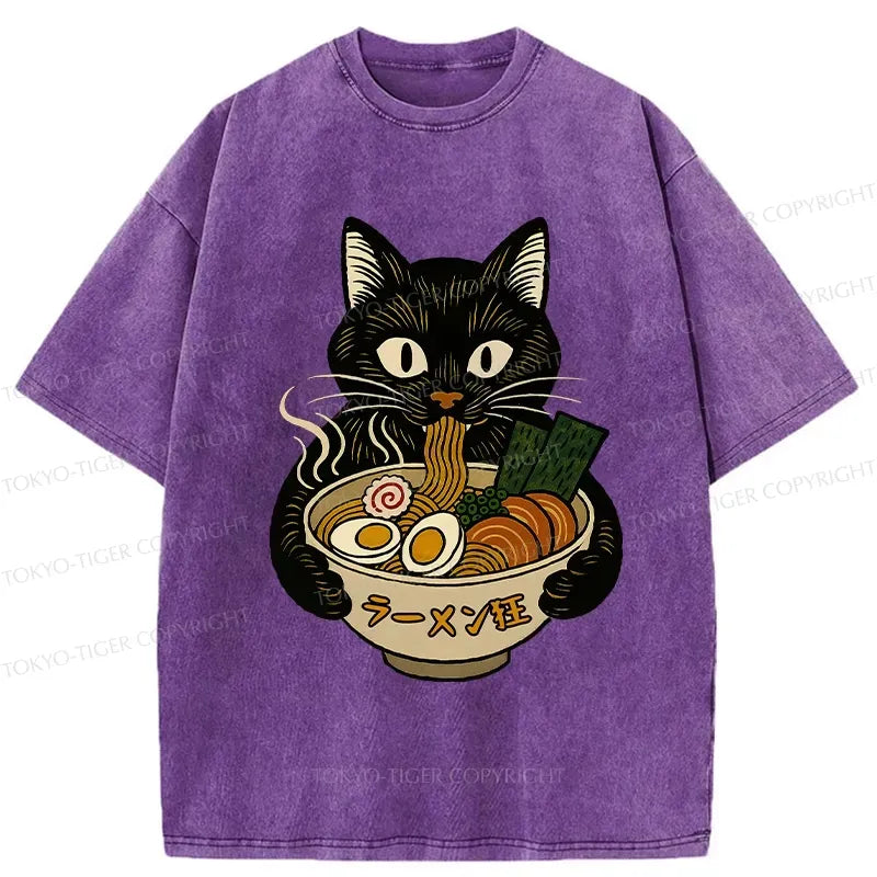 Kyoto-Lion Cat Ramen Fanatic Washed T-Shirt
