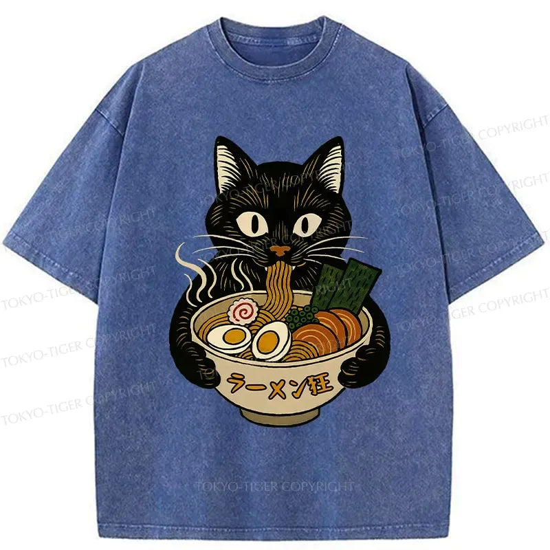 Kyoto-Lion Cat Ramen Fanatic Washed T-Shirt