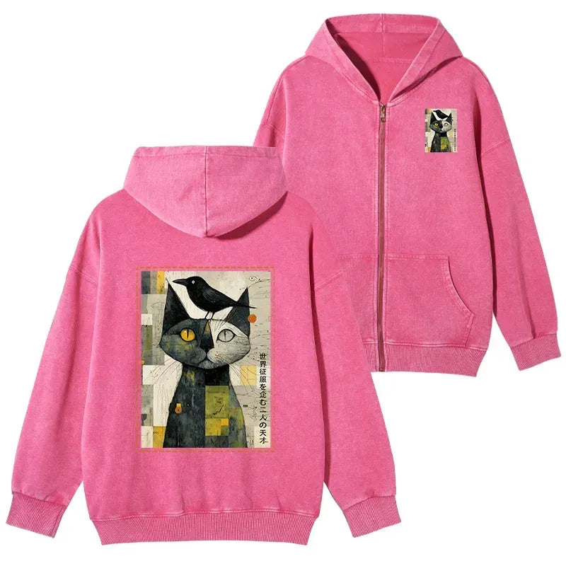 Cat and Crow Zip Hoodie for Streetwear